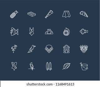 Set Of black 20 linear icons such as Sand bucket, Clown fish, Conch shell, Skirt, Swimsuit, Mattress, Cabin, Fish, editable stroke vector icon pack