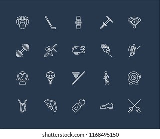 Set Of black 20 linear icons such as Fencing, Mountaineering, Baseball field, Pogo stick, Climbing, Hockey Walking, Dumbbell, editable stroke vector icon pack