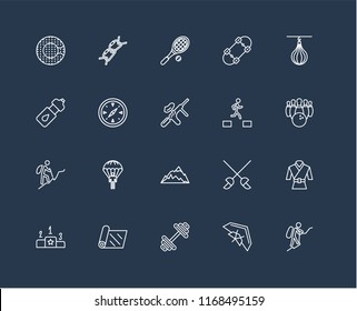 Set Of black 20 linear icons such as Mountaineering, Bowling, Punching bag, Skateboard, Pedestal, Climb, Fencing, Water bottle, editable stroke vector icon pack
