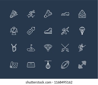 Set Of black 20 linear icons such as Dumbbell, Parachuting, Backpack, Shoes, Yoga mat, Skateboarding, Fencing, Martial art, editable stroke vector icon pack