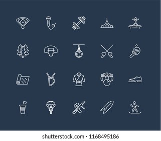 Set Of black 20 linear icons such as Snowboarding, Table tennis, Jumping, Camping, Beer pong, Singing, Bowling, Forest, editable stroke vector icon pack