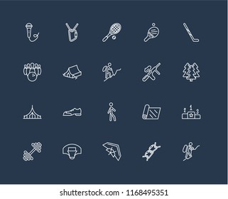 Set Of black 20 linear icons such as Mountaineering, Forest, Hockey stick, Table tennis, Dumbbell, Climbing, Yoga mat, Bowling, editable stroke vector icon pack