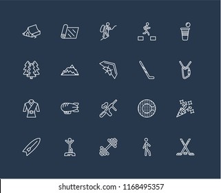 Set Of black 20 linear icons such as Hockey, Climbing, Beer pong, Parkour, Surfboard, Yoga mat, Zorbing, Forest, editable stroke vector icon pack