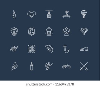 Set Of black 20 linear icons such as Fencing, Baseball field, Parachuting, Jumping, Table tennis, Basketball, Singing, Paintball, editable stroke vector icon pack