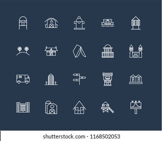 Set Of black 20 linear icons such as Billboard, Castle, Hut, Houseboat, Flash Apartment, Barn, Motel, Flowers, editable stroke vector icon pack
