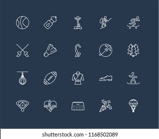 Set Of black 20 linear icons such as Parachuting, Forest, Skateboarding, Mountaineering, Baseball field, Water bottle, Shoes, Fencing, editable stroke vector icon pack