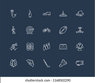 Set Of black 20 linear icons such as Airship, Jumping, Camping tent, Camping, Forest, Fishing, Calendar, Walking, editable stroke vector icon pack