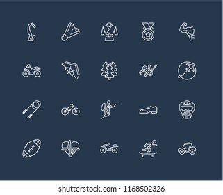 Set Of black 20 linear icons such as Buggy, Travelling, Gym, Medal, Rugby ball, Badminton, Shoes, Motorcycle, editable stroke vector icon pack