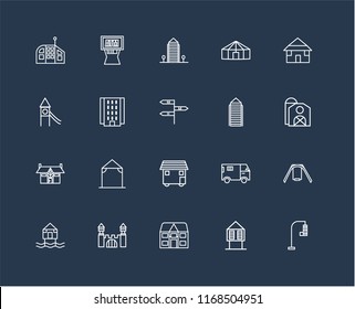 Set Of black 20 linear icons such as Traffic light, Barn, Bungalow, Yurt, Beach Hut, Atm, Truck, Playground, editable stroke vector icon pack