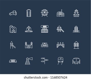 Set Of black 20 linear icons such as Chair and table, Aparment, Chinese House, Future Taxi, Building, Bridge, Barn, editable stroke vector icon pack