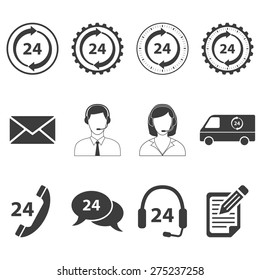 Set of black 24 hour service icons on white background for graphic design and Internet sites. Vector illustration.  