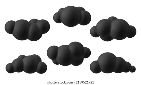 Set of black 3d clouds. Soft round fluffy clouds icon on white background. Vector illustration