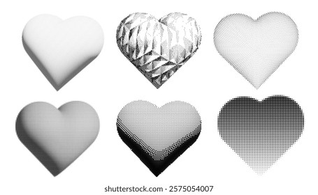 Set of black 3D hearts in halftone style. Trendy elements for collage, poster, design. Vector graphics isolated on black background.