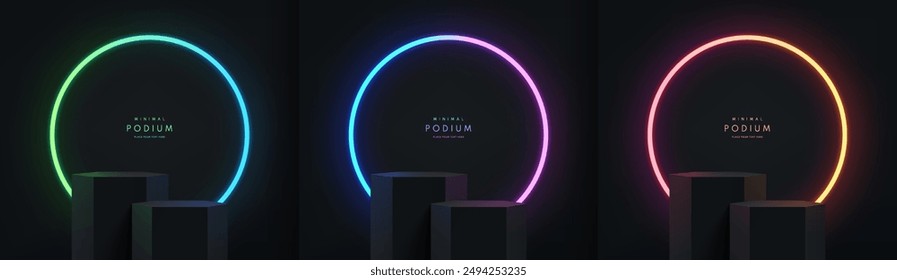 Conjunto de fondo de podio negro hexágono 3d con anillo brillante de neón en verde, azul y naranja escena de la pared. Abstractas maqueta mínima, presentación de la exhibición del Producto, escaparate del escenario. Diseño de Vector de plataformas.