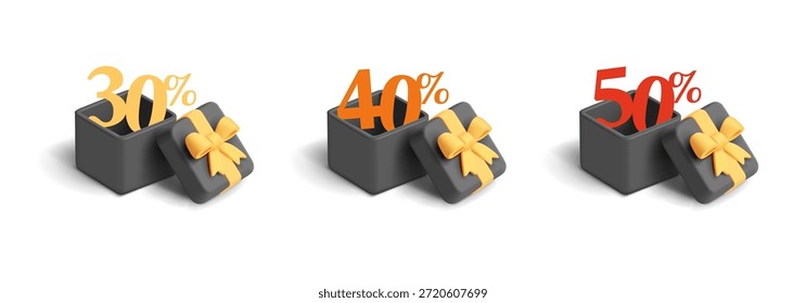Conjunto de caixas de presente abertas 3D pretas com descontos dentro. Elementos sobre fundo branco para conceitos de Black Friday, descontos, vendas, ofertas promocionais. Ilustração vetorial.