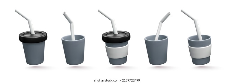 Set of black 3d realistic flying white coffee cups with shadow isolated on white background. Vector illustration
