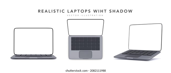 Set of black 3d realistic laptops in different positions isolated on white background. Vector illustration 