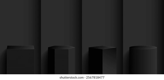 Set of black 3d vector podiums. Pedestals geometric stages, exhibit displays award ceremony presentation product, vertical shapes hexagon, square, circle, rectangle.