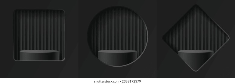 Conjunto de fondo geométrico mínimo 3d abstracto negro, podio cilíndrico para mostrar productos en cuadrado redondeado, cuadrado redondeado de esquina y fondo de ventanas de círculo, ilustración vectorial