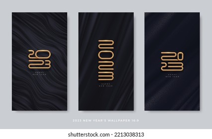 Set of black abstract background with 2023 new year golden logo. Template design with gold metal number of year. Wallpaper with aspect ratio 16:9