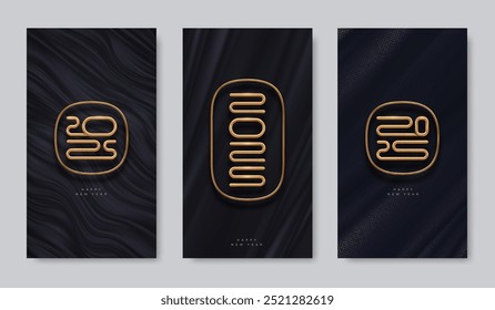 Set aus schwarzem abstraktem Hintergrund mit 2025 neuen Jahr goldenem Logo. Luxus-Template-Design mit Gold Metall Nummer des Jahres. Vektorgrafik.