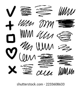 Set of black abstract brush strokes, lines, signs, squiggles and swirls. Vector hand-drawn illustration isolated on white background. Perfect for decorations and various designs.