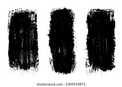 Set of black abstract brush strokes. Ink stain isolated on white background. Grainy textured design elements. Vector illustration, eps 10.