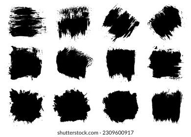 Conjunto de trazos de pincel abstractos negros. Mancha de tinta aislada sobre fondo blanco. Elementos de diseño de textura de color gris. Ilustración vectorial, eps 10.