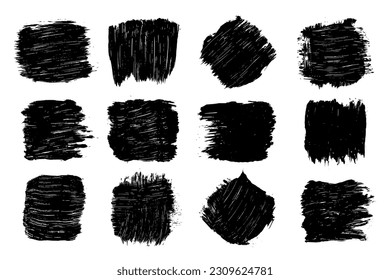 Set of black abstract brush strokes. Ink stain isolated on white background. Grainy textured design elements. Vector illustration, eps 10.