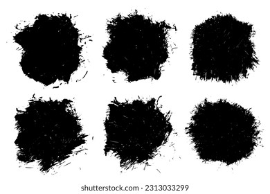 Set of black abstract brush strokes. Ink stain isolated on white background. Grainy textured design elements. Vector illustration, eps 10.