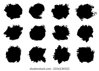 Set of black abstract brush strokes. Ink stain isolated on white background. Grainy textured design elements. Vector illustration, eps 10.