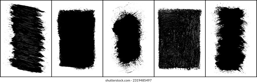 Set of black abstract brush strokes. Ink stain isolated on white background. Grainy textured design elements. Vector illustration, eps 10.