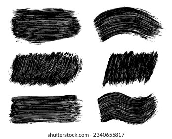 Set of black abstract brush strokes. Ink stain isolated on white background. Grainy textured design elements. Vector illustration, eps 10.