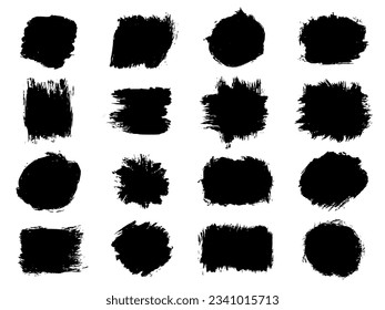 Set of black abstract brush strokes. Ink stain isolated on white background. Grainy textured design elements. Vector illustration, eps 10.