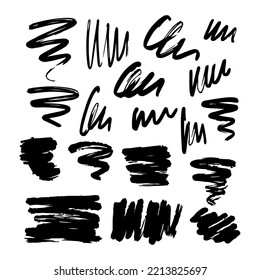 Conjunto de pinceles, líneas, gafas y remolinos negros y abstractos. Ilustración de vectores dibujada a mano aislada en fondo blanco. Perfecto para la decoración y los diferentes diseños.