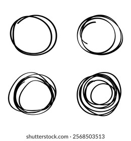 Set of black abstract circle line, ink brush strokes. Vector illustration