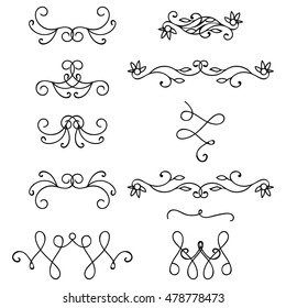 Set of black abstract curly headers, design element set isolated on white background. Hand drawn black swirls. Floral round frame, wreath, dividers, calligraphic shapes. Vector illustration. 