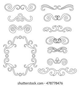 Set of black abstract curly headers, design element set isolated on white background. Hand drawn black swirls. Floral round frame, wreath, dividers, calligraphic shapes. Vector illustration. 