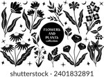 Set of black abstract flowers and leaves.botanical linocut plant and organic elements, herbs print. vector illustration