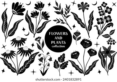 Conjunto de flores y hojas abstractas negras.planta botánica de linocut y elementos orgánicos, huella de hierbas. ilustración vectorial