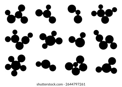 Set of black abstract geometric shape metaballs. Connected figures of liquid molecules. Isolated vector design element.