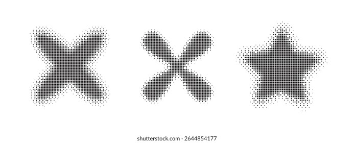 Set of black abstract halftone dot pattern shapes for modern graphic design isolated on white background vector illustration