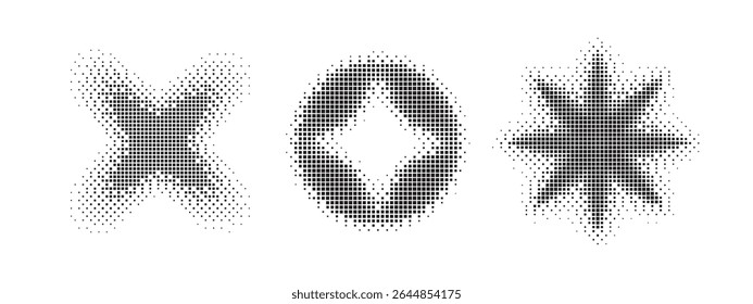 Conjunto de Formas pixeladas de semitono abstracto negro para Elementos de diseño creativos aislados sobre fondo blanco Ilustración vectorial