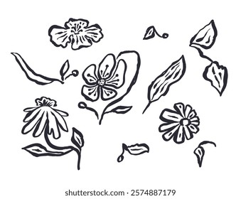 Set of black abstract inky flowers and leaves isolated on white. Monochrome sketchy textured loose floral doodles.