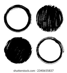 Set of black abstract round brush strokes. Ink stain isolated on white background. Grainy textured design elements. Vector illustration, eps 10.