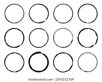 Set of black abstract round brush strokes. Ink stain isolated on white background. Grainy textured design elements. Vector illustration, eps 10.