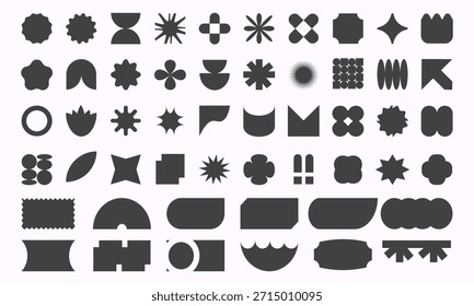 Un conjunto de Formas abstractas negras de los años 70 y 80. Siluetas geométricas de Elementos, iconos retro Y2K. Vector.