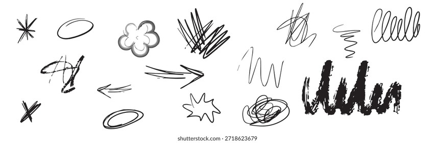set black abstract shapes scribbles arrow flower circles hand written vector design
