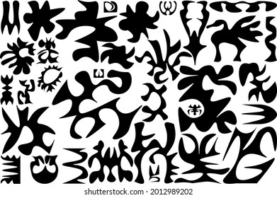 A set of black abstract shapes and symbols on a white rectangular background. Use for symbols and design.