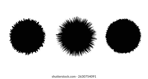  Conjunto de formas de círculo preto abstrato pontilhado, silhuetas de crachá redonda de grunge para design e decoração